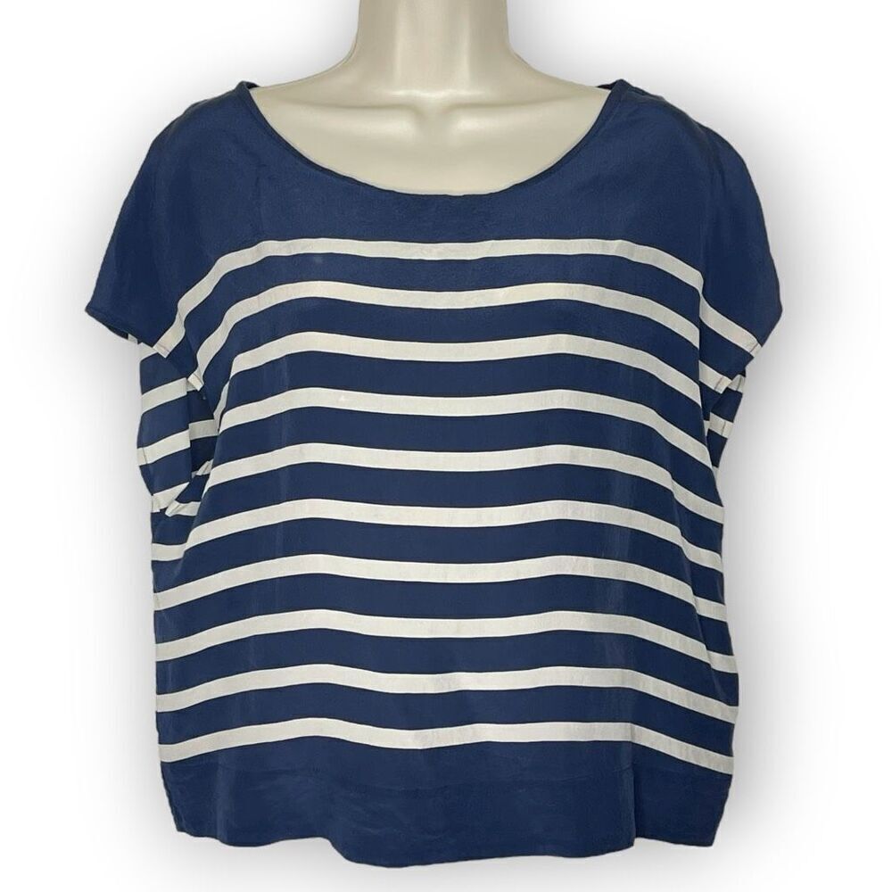 Joie Silk Navy White Striped Sailor Shirt Top Blouse Women’s Size Small